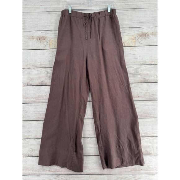 DISSH 100% Linen Wide Leg  Pants Womens 10 Brown Lined Elastic Waist - Picture 1 of 10